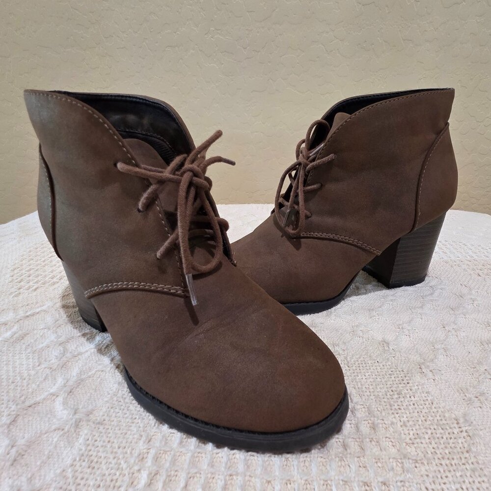 "Britney" Round Toe 3" Block Heel Lace Front Faux Suede Soft Bootie Boot Boots